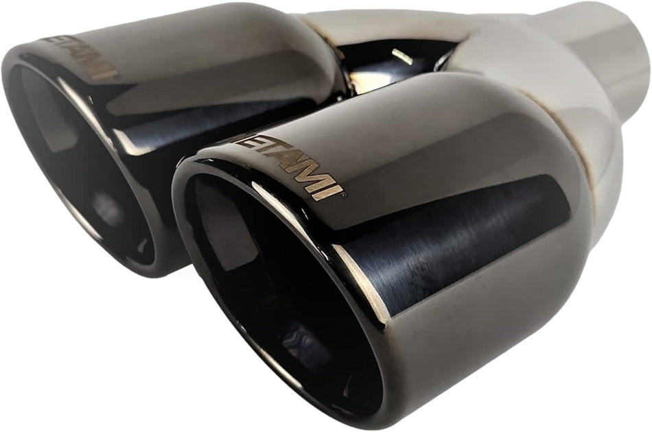 NETAMI | 2.25' Inlet to 3.5" Dual Outlet Stainless Steel Exhaust Tip Rolled Edge Double Wall Black Chrome