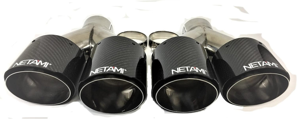 Netami | ‎NT-3056-2 |  3" to 4" Quad Staggered Outlets Exhaust Tip Carbon Fiber Stainless Steel Blue Bolt-on A Pair