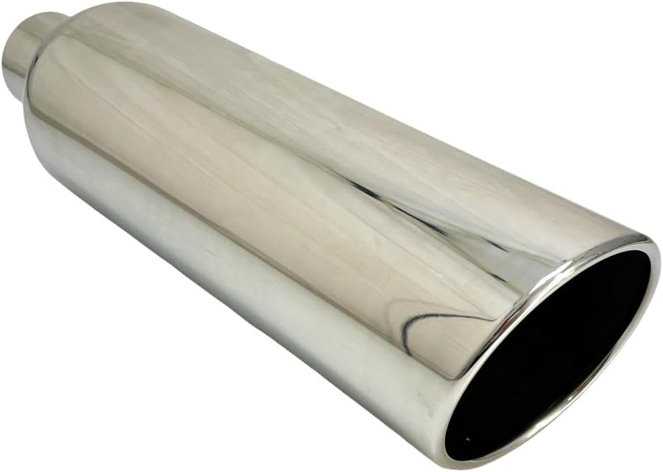 Exhaust Addicts | Exhaust Tip 5.00" Dia X 18.00" Long 2.50" Inlet Weld On Rolled Slant Polished Stainless Steel
